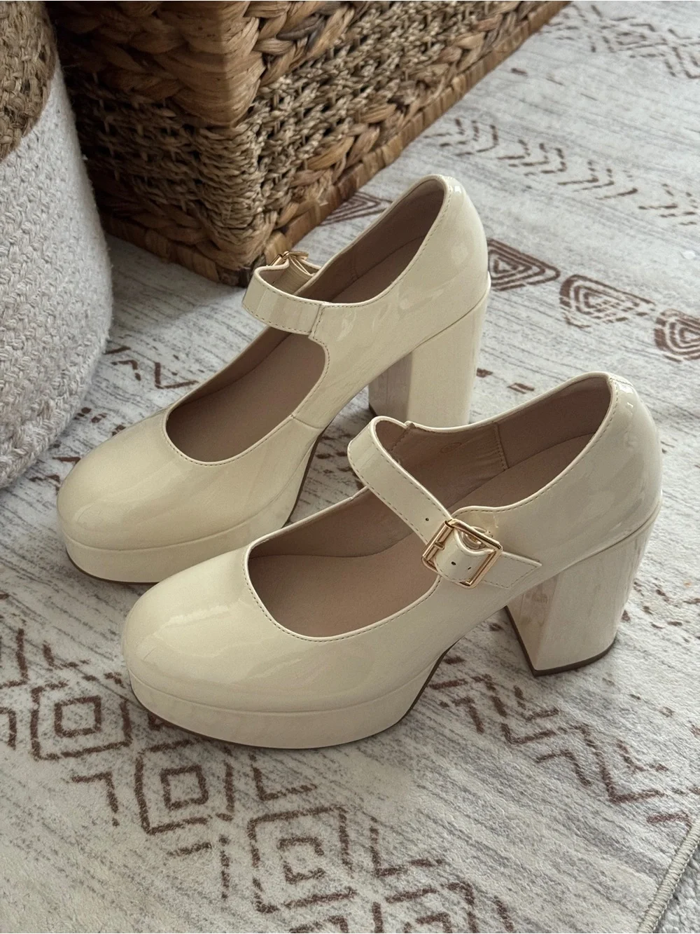 Platform Mary Jane Heels in Cream Patent with Gold Buckle